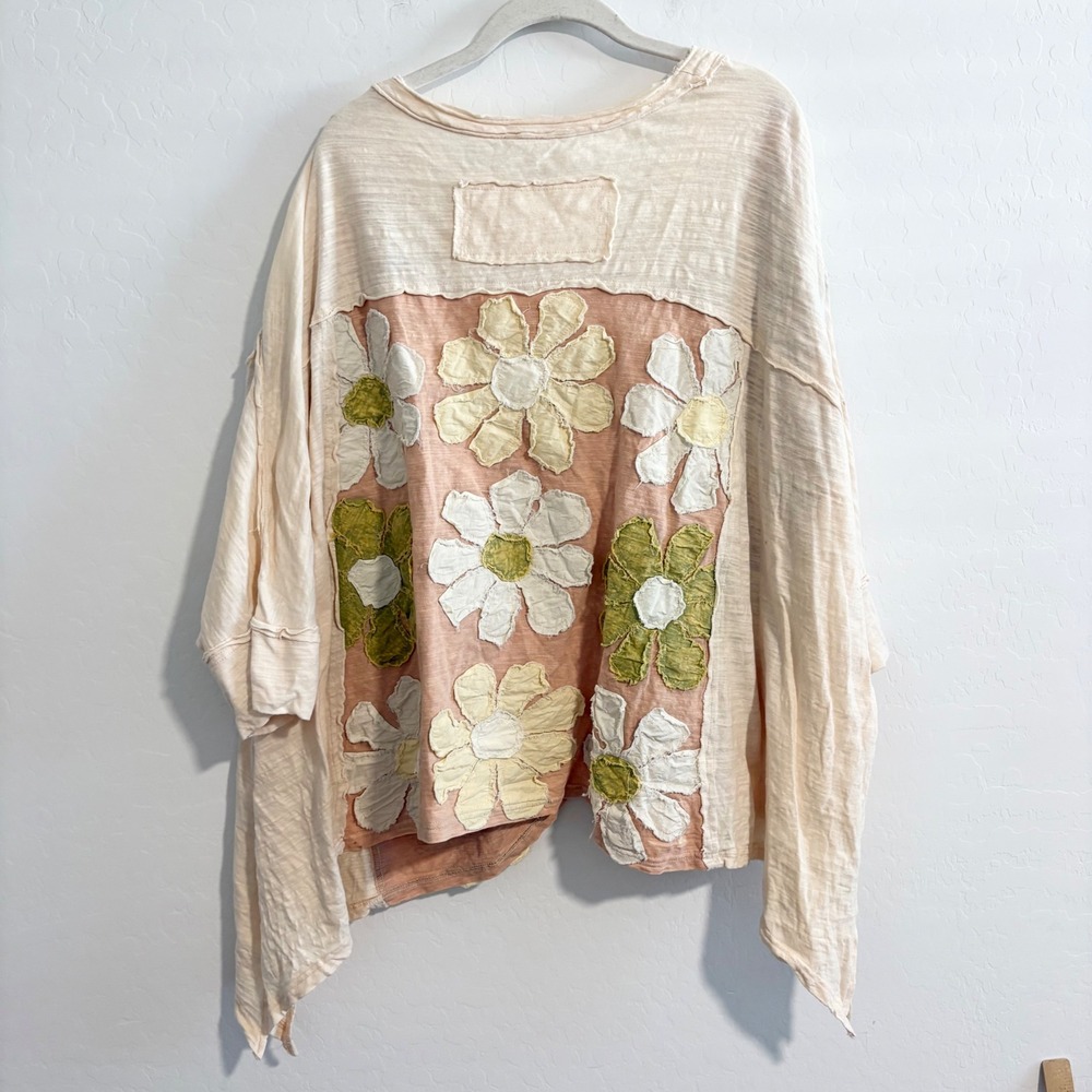 Ori & Cali Floral Patchwork Oversized Boho Top Cream Peach JT0403 Small